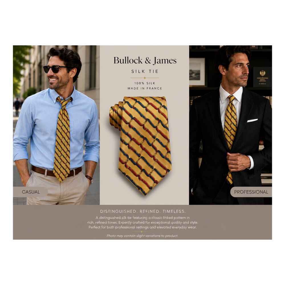 Bullock & James Silk Tie Mens Yellow Equestrian Horse Bit Print Made in France